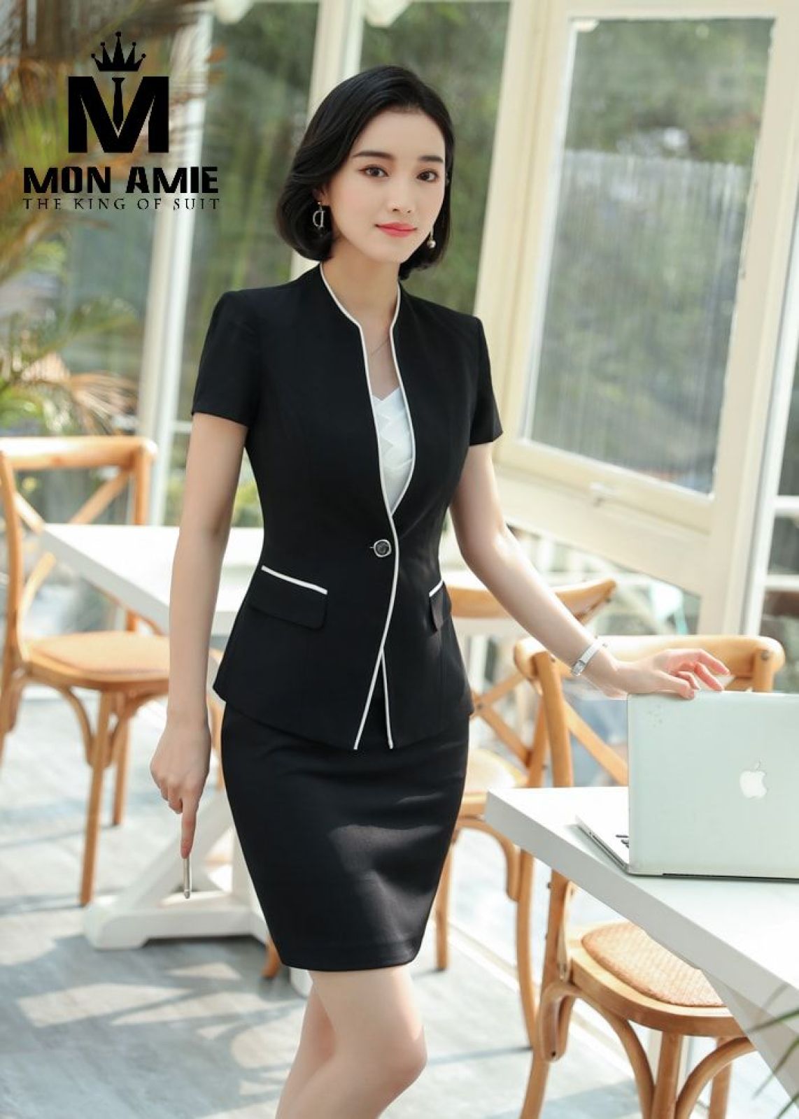 Black Colarless Suit With Tulip Skirt 